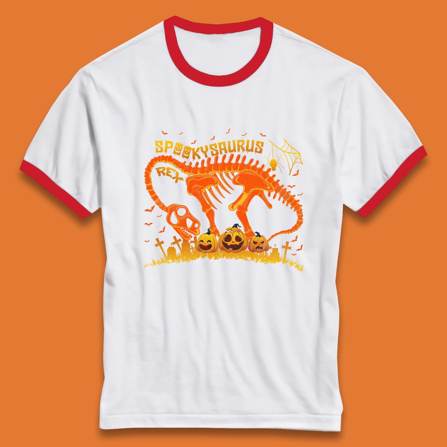 Spooky Saurus Rex Halloween Dinosaur T-Rex Skeleton With Scary Pumpkins Ringer T Shirt