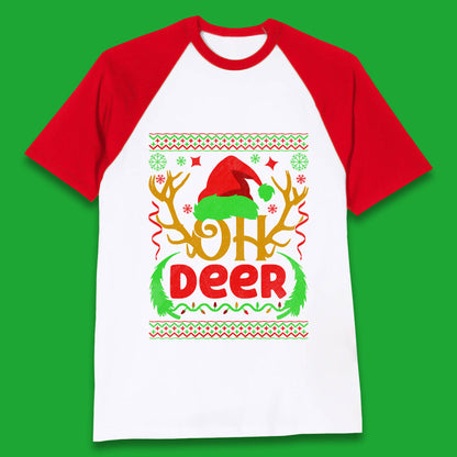 Oh Deer Merry Christmas Santa Hat Deer Antlers Funny Xmas Baseball T Shirt