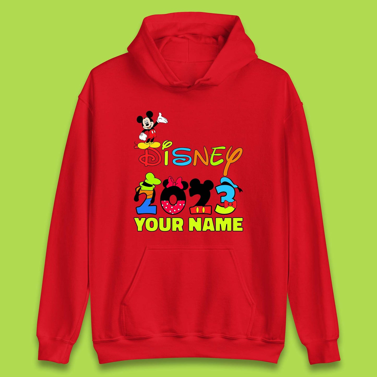 Personalised Disney 2023 Disney Club Your Name Mickey Mouse Minnie Mouse Donald Duck Pluto Goofy Cartoon Characters Disney Vacation Unisex Hoodie