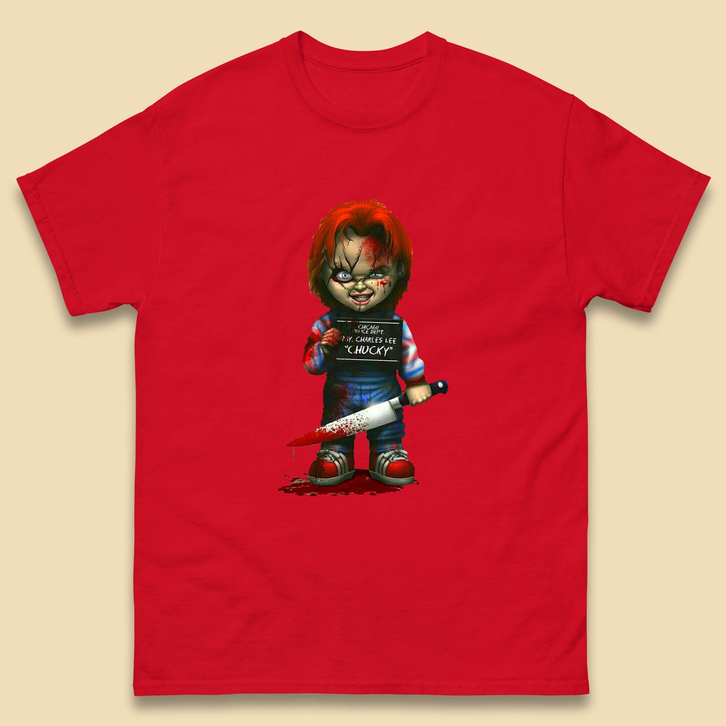 Chucky Mug Shot Chicago Police Dept Ray Charles Lee Chucky Halloween Horror Movie Mens Tee Top