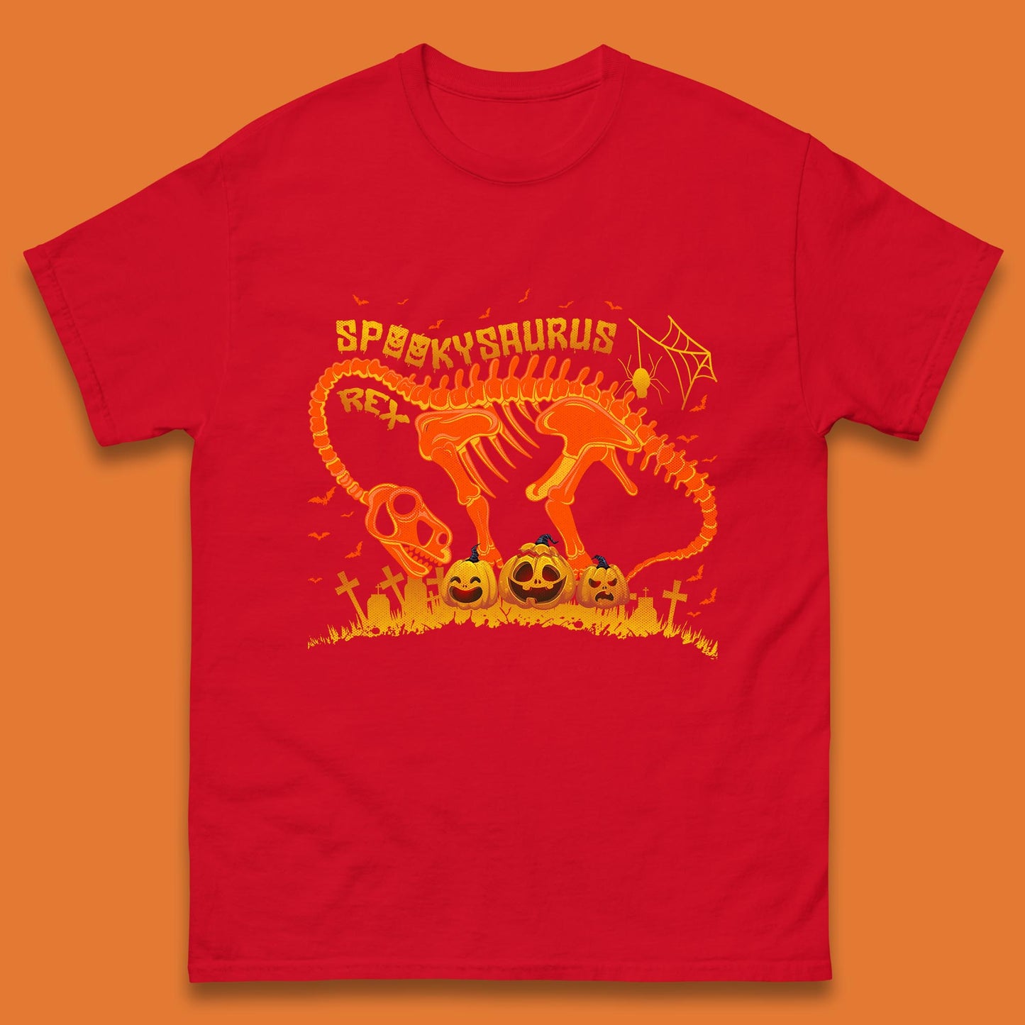 Spooky Saurus Rex Halloween Dinosaur T-Rex Skeleton With Scary Pumpkins Mens Tee Top