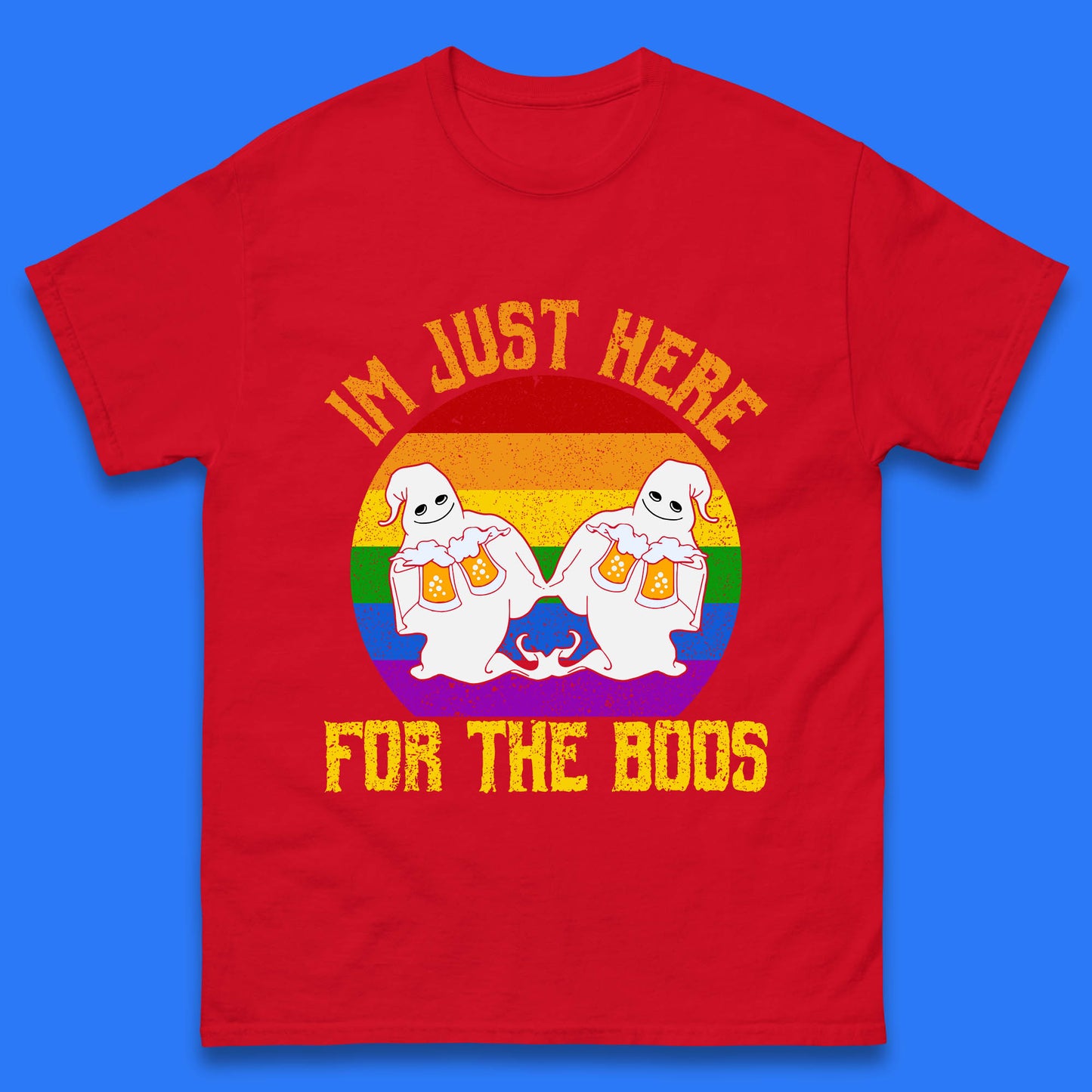 Halloween I Just Here For The Boos Gay Boo Ghosts Drinking Beer LGBTQ Pride Beer Mens Tee Top