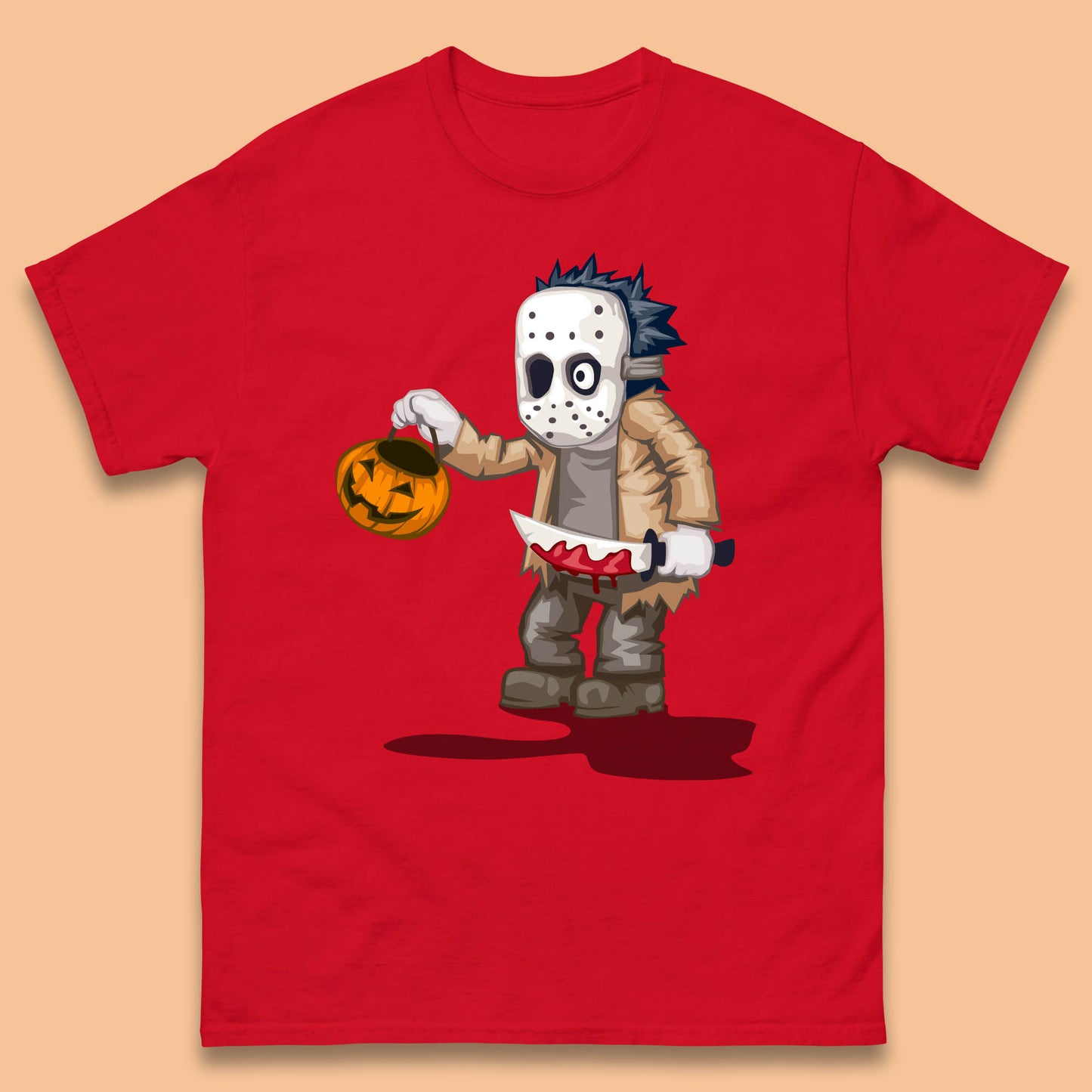 Chibi Jason Voorhees Holding Bloody Knife And Pumpkin Bucket Halloween Friday The 13th Horror Movie Mens Tee Top