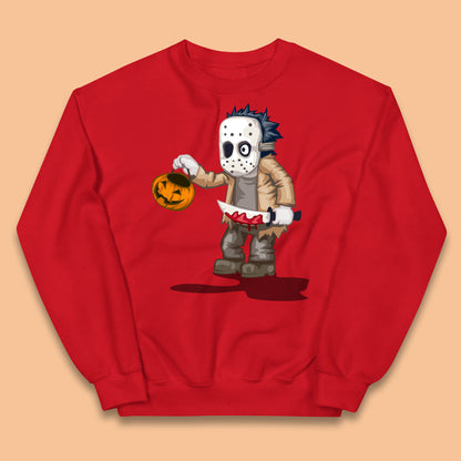 Chibi Jason Voorhees Holding Bloody Knife And Pumpkin Bucket Halloween Friday The 13th Horror Movie Kids Jumper