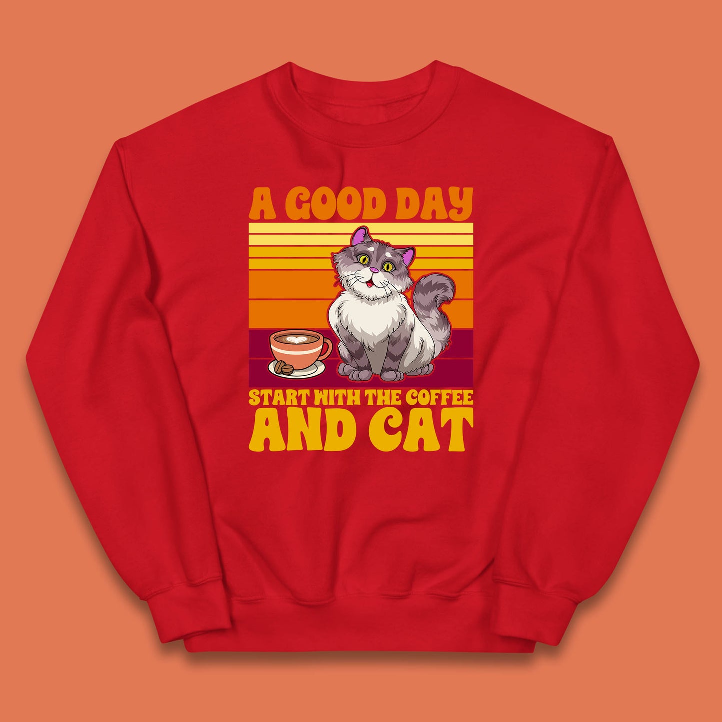 A Good Day Start With The Coffee And Cat Funny Coffee Cats Lovers Kids Jumper