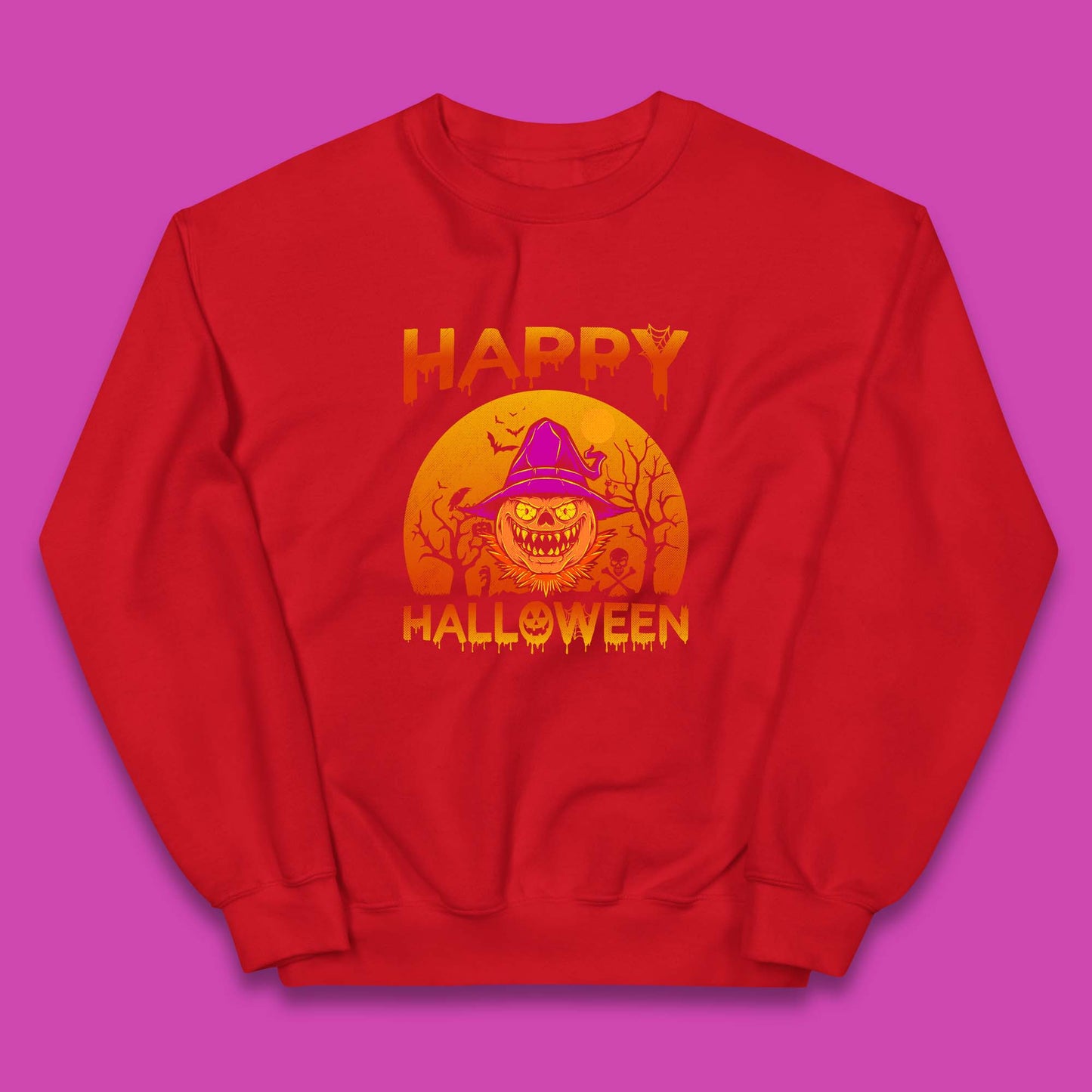 Happy Halloween Monster Pumpkin With Witch Hat Horror Scary Spooky Season Kids Jumper