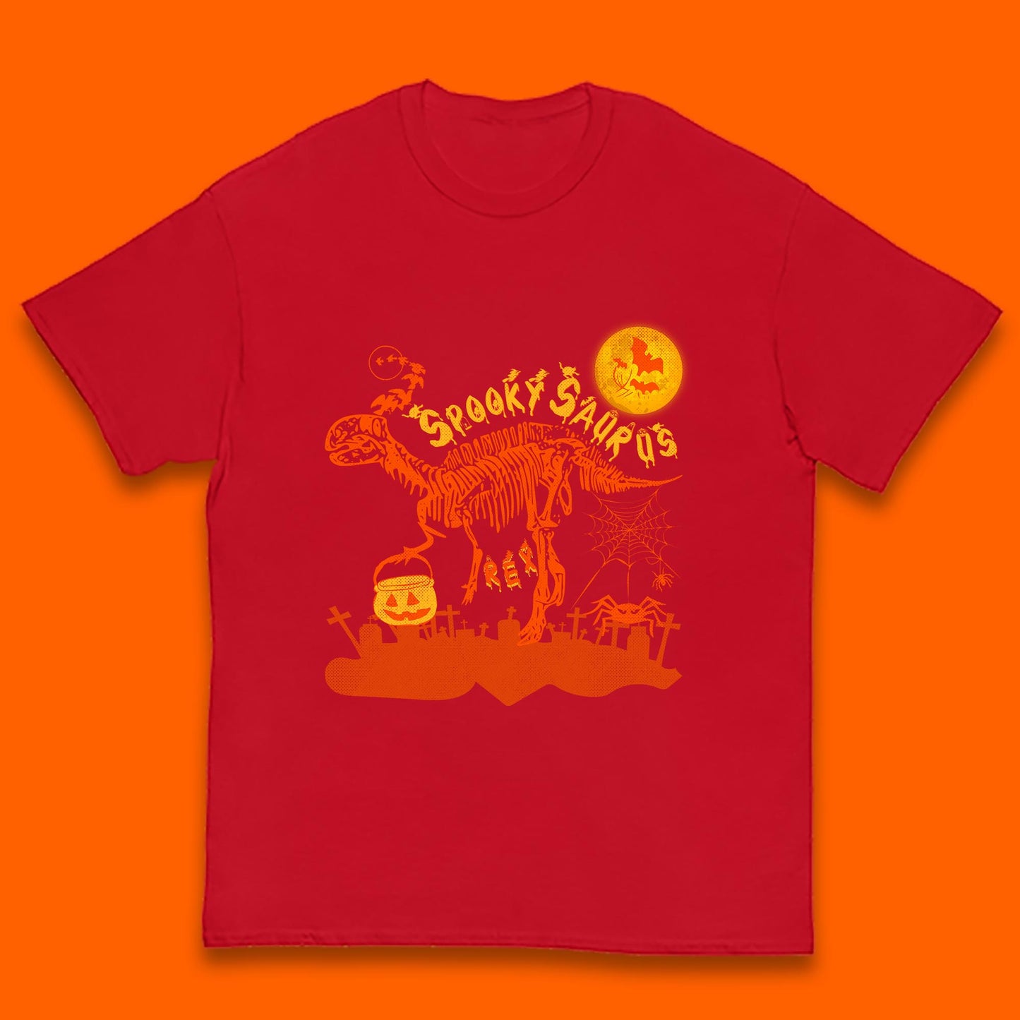 Spooky Saurus Rex Halloween Dinosaur Skeleton T-Rex Scary Pumpkin Kids T Shirt