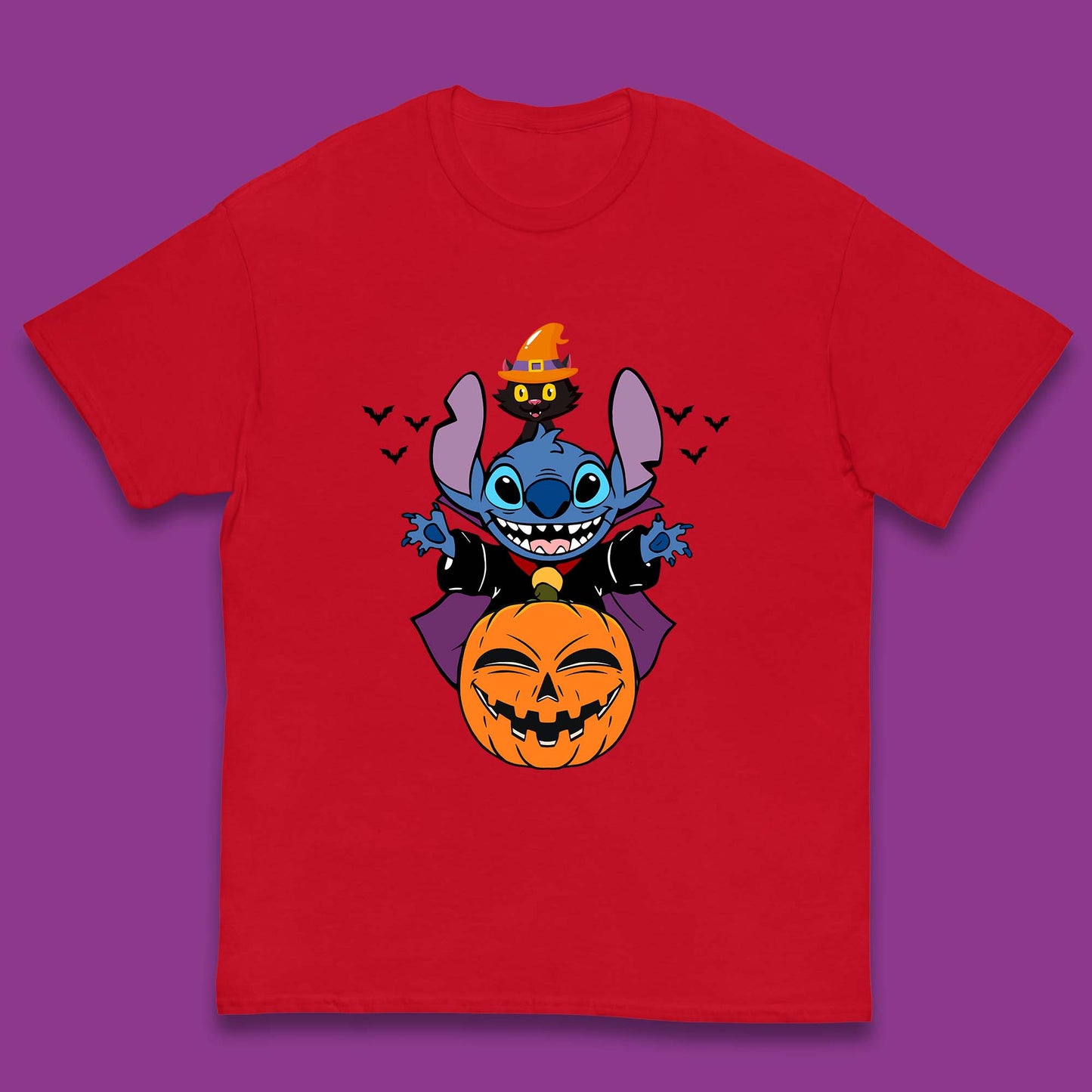 Disney Halloween Pumpkin Devil Stitch With Black Cat Horror Scary Disney Lilo & Stitch Kids T Shirt