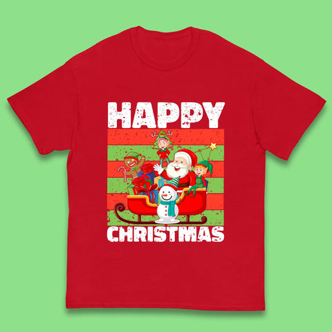 Merry Christmas Santa Claus Snowman Gingerbread Elf On Sleigh Xmas Ride Kids T Shirt