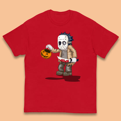 Chibi Jason Voorhees Holding Bloody Knife And Pumpkin Bucket Halloween Friday The 13th Horror Movie Kids T Shirt