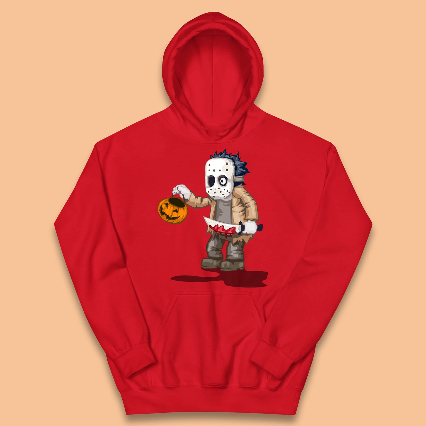 Chibi Jason Voorhees Holding Bloody Knife And Pumpkin Bucket Halloween Friday The 13th Horror Movie Kids Hoodie