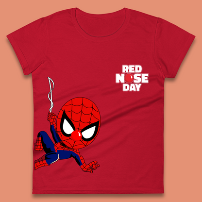 Spider Man Peeking Red Nose Day Womens T-Shirt