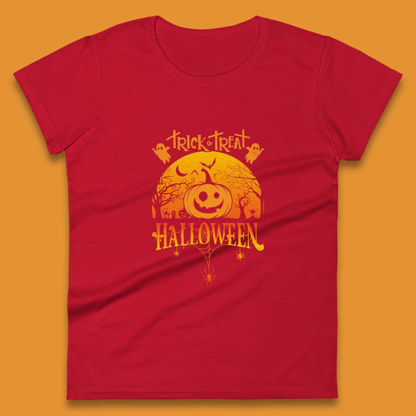 Trick Or Treat Halloween Pumpkin Haunted Trees Scary Spooky Season Womens Tee Top