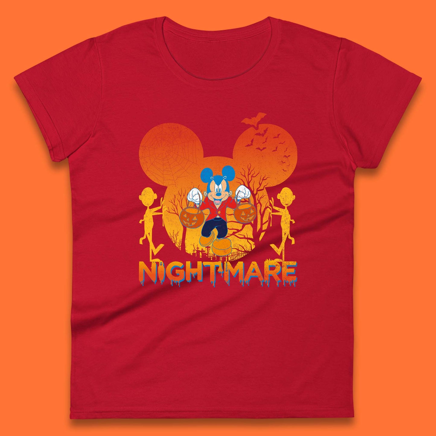 Halloween Nightmare Disney Mickey Mouse Holding Pumpkin Bucket Horror Scary Disneyland Trip Womens Tee Top