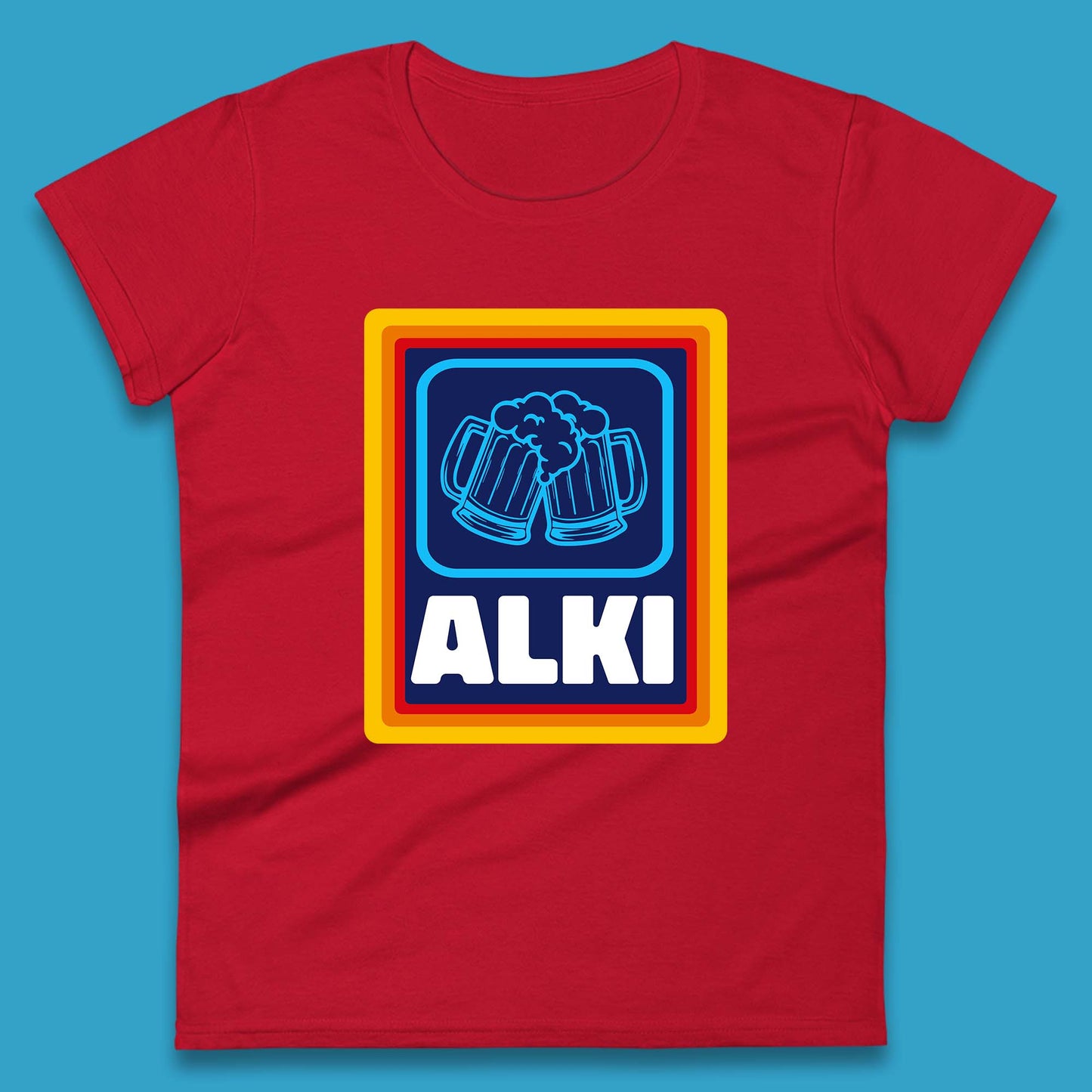 Alki Aldi Drink Pub Beer Joke Funny Parody Novelty Gift Womens Tee Top