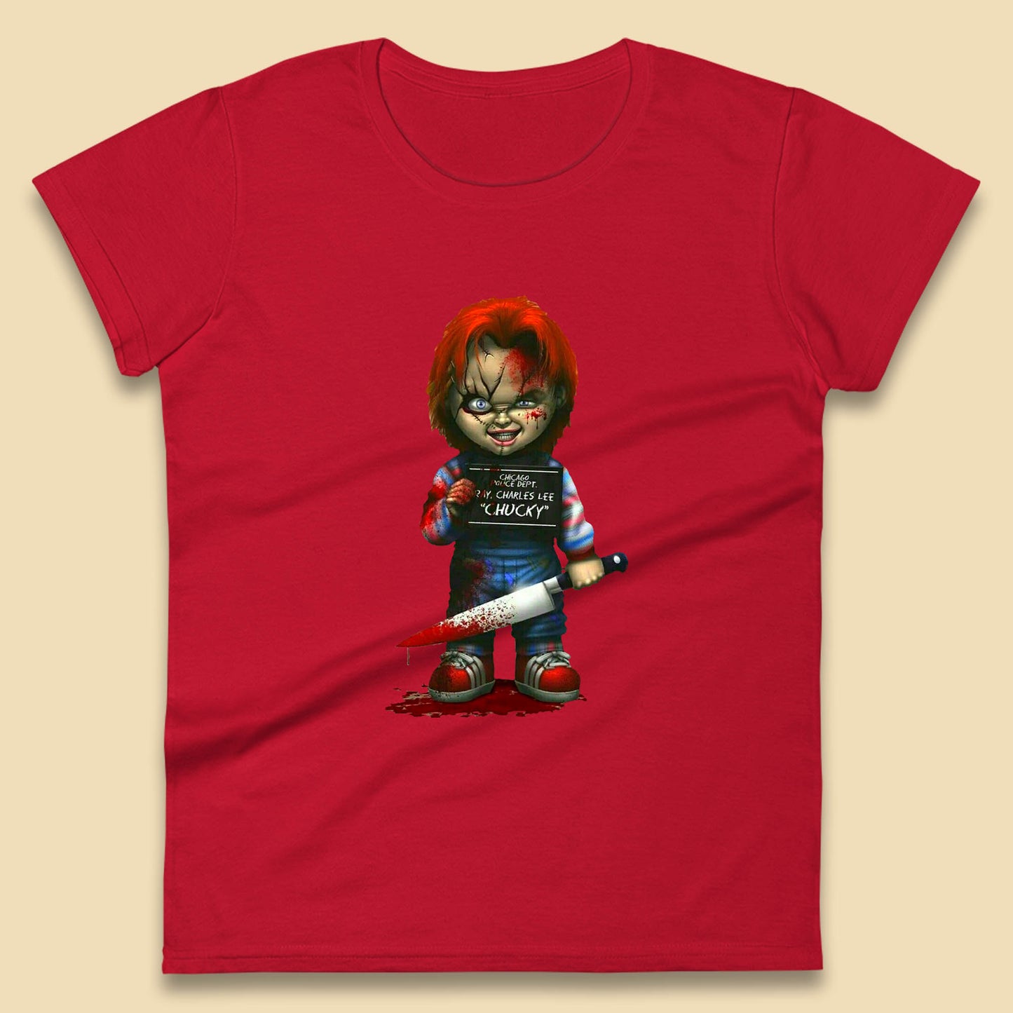 Chucky Mug Shot Chicago Police Dept Ray Charles Lee Chucky Halloween Horror Movie Womens Tee Top