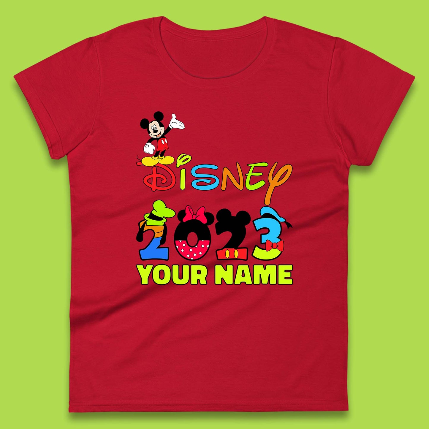 Personalised Disney 2023 Disney Club Your Name Mickey Mouse Minnie Mouse Donald Duck Pluto Goofy Cartoon Characters Disney Vacation Womens Tee Top