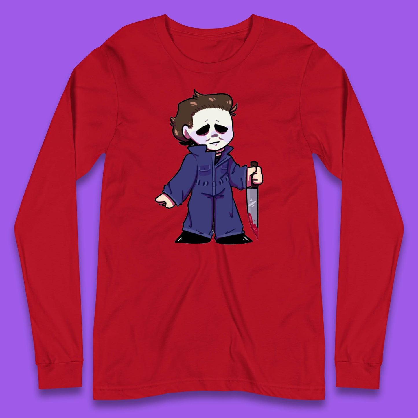 Chibi Michael Myers Holding Bloody Knife Halloween Serial Killer Horror Movie Character Long Sleeve T Shirt