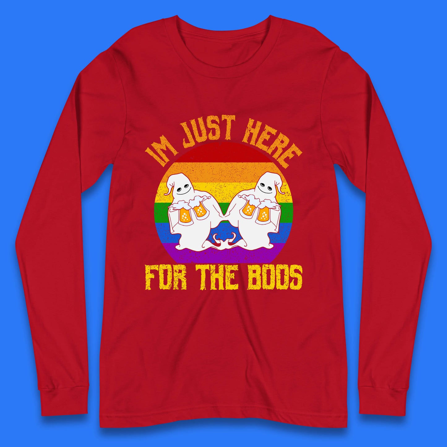 Halloween I Just Here For The Boos Gay Boo Ghosts Drinking Beer LGBTQ Pride Beer Long Sleeve T Shirt