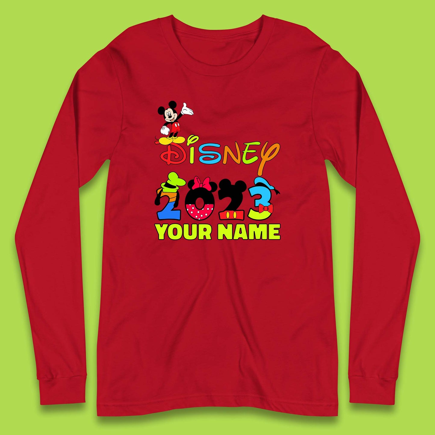 Personalised Disney 2023 Disney Club Your Name Mickey Mouse Minnie Mouse Donald Duck Pluto Goofy Cartoon Characters Disney Vacation Long Sleeve T Shirt