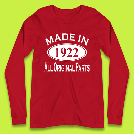 Made In 1922 All Original Parts Vintage Retro 101st Birthday Funny 101 Years Old Birthday Gift Long Sleeve T Shirt