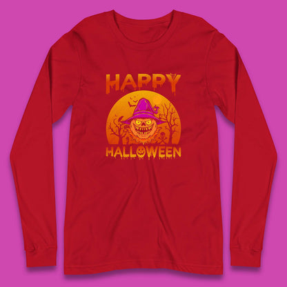 Happy Halloween Monster Pumpkin With Witch Hat Horror Scary Spooky Season Long Sleeve T Shirt