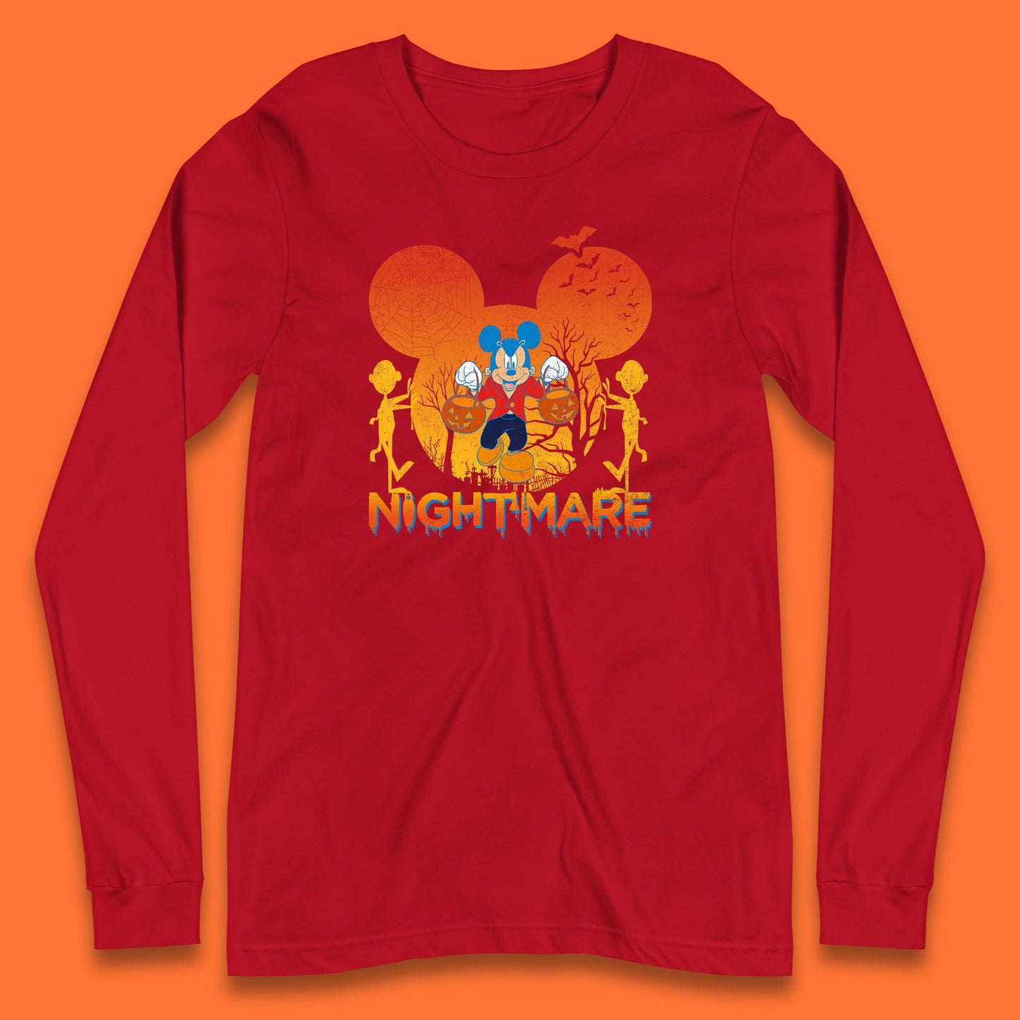 Halloween Nightmare Disney Mickey Mouse Holding Pumpkin Bucket Horror Scary Disneyland Trip Long Sleeve T Shirt