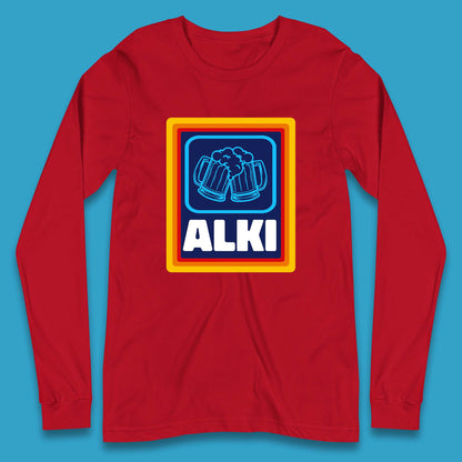 Alki Aldi Drink Pub Beer Joke Funny Parody Novelty Gift Long Sleeve T Shirt