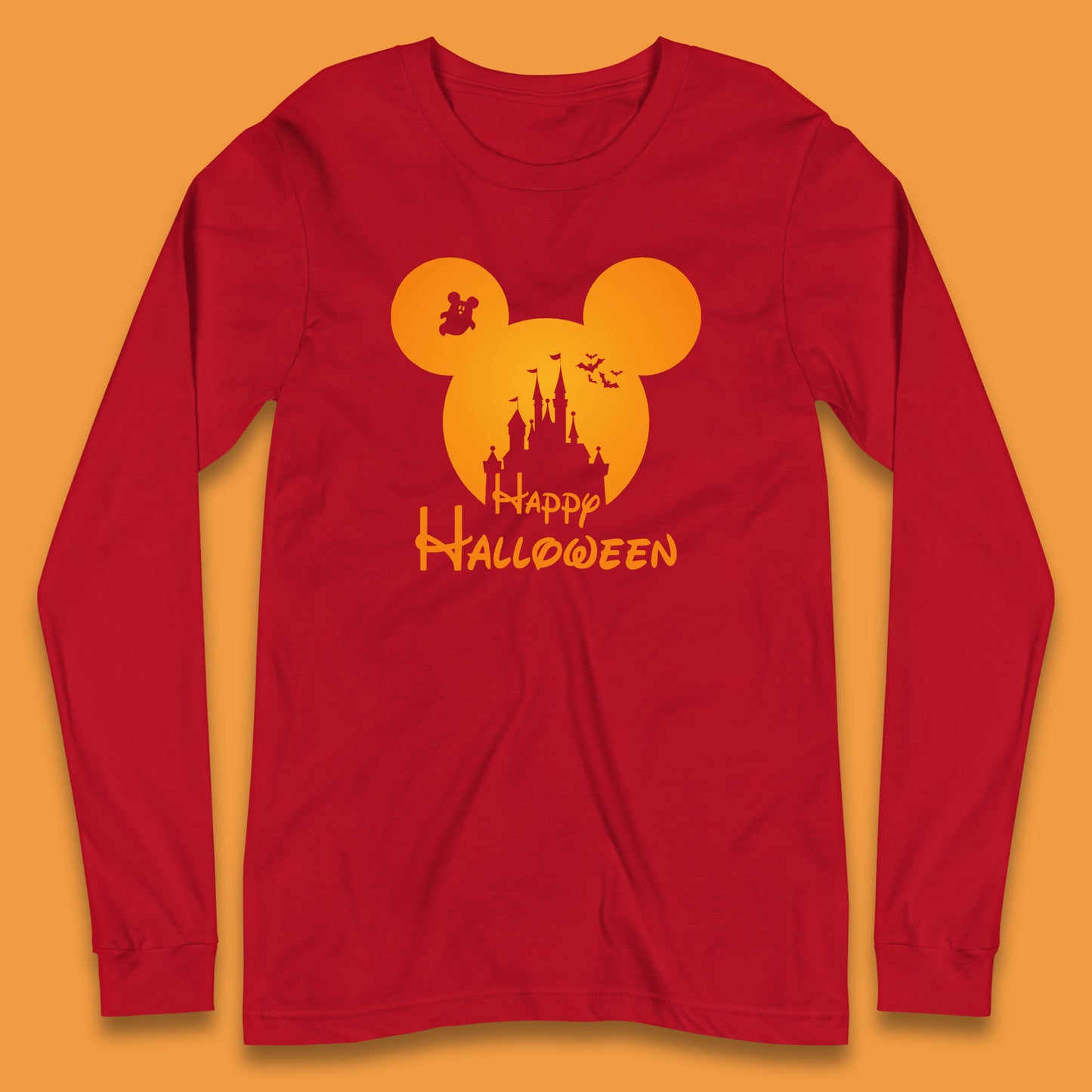 Happy Halloween Mickey Mouse Disney Castle Halloween Scary Boo Flying Bats Long Sleeve T Shirt