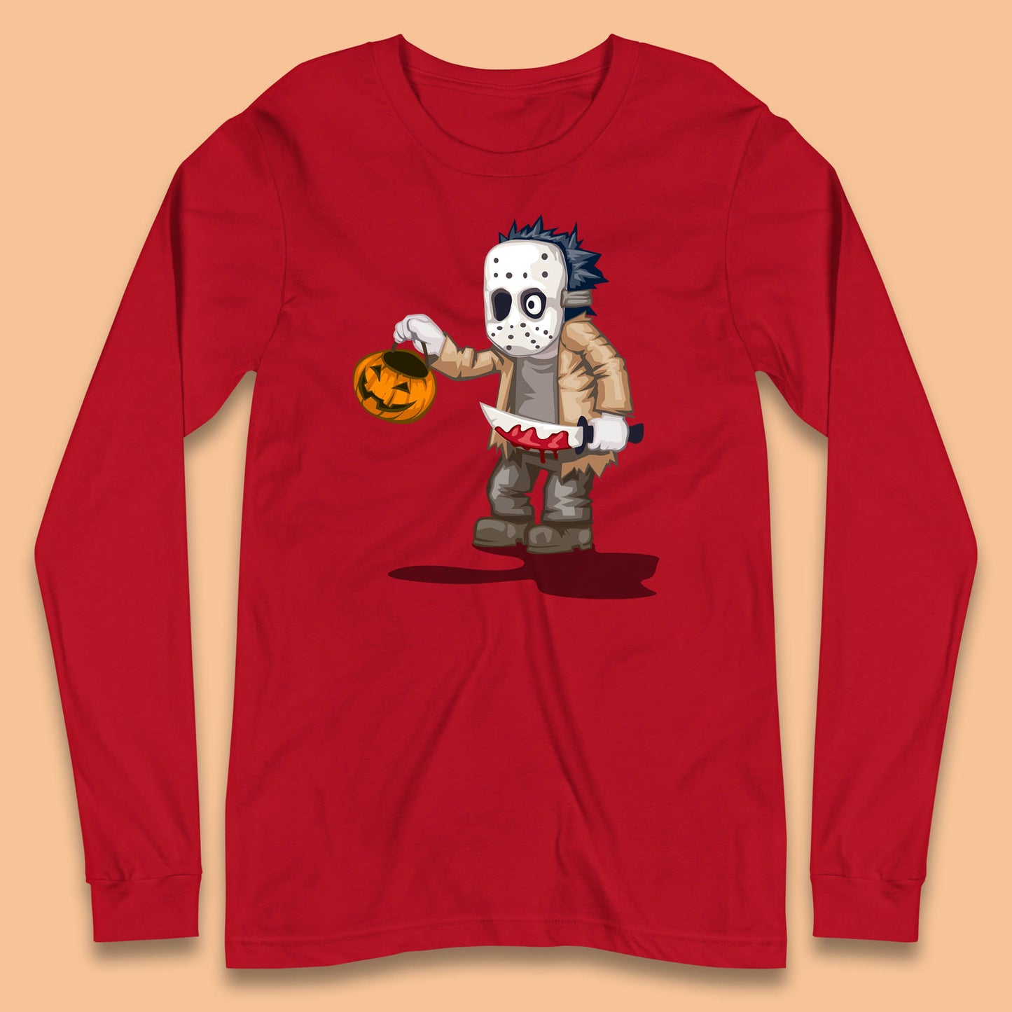 Chibi Jason Voorhees Holding Bloody Knife And Pumpkin Bucket Halloween Friday The 13th Horror Movie Long Sleeve T Shirt