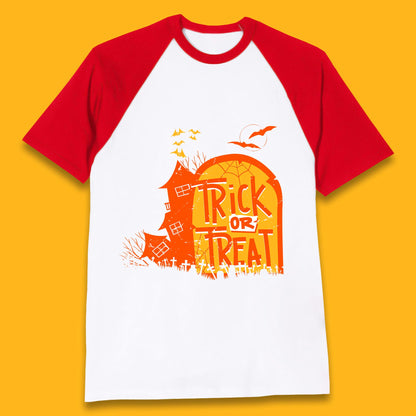 Trick Or Treat Halloween Terrific Abandoned Haunted House Flying Bats Baseball T Shirt