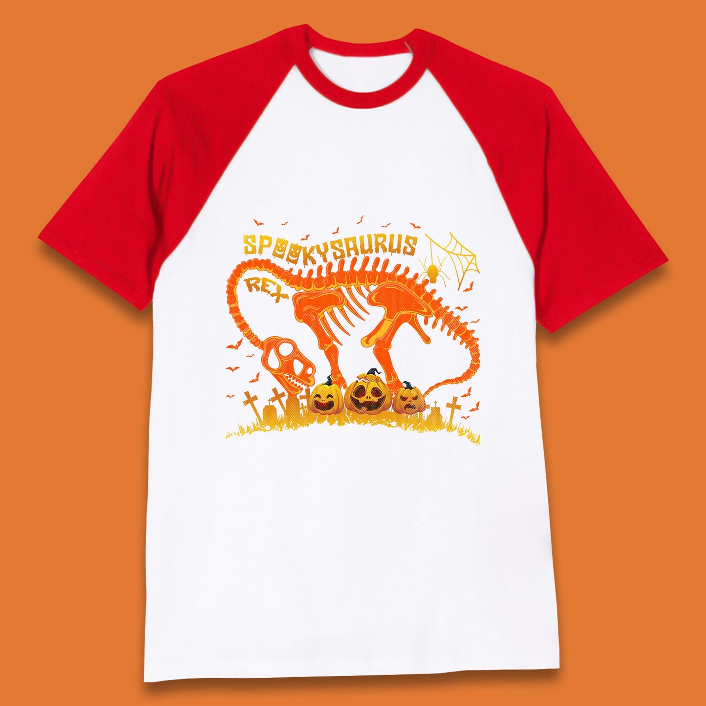 Spooky Saurus Rex Halloween Dinosaur T-Rex Skeleton With Scary Pumpkins Baseball T Shirt