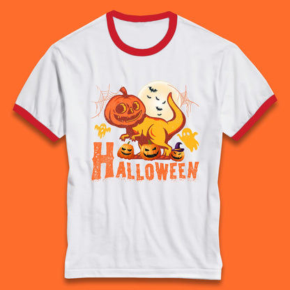 Halloween Dinosaur Jack O Lantern T-Rex Funny Dino Pumpkin Scary Boo and Bats Festive Costume Ringer T Shirt