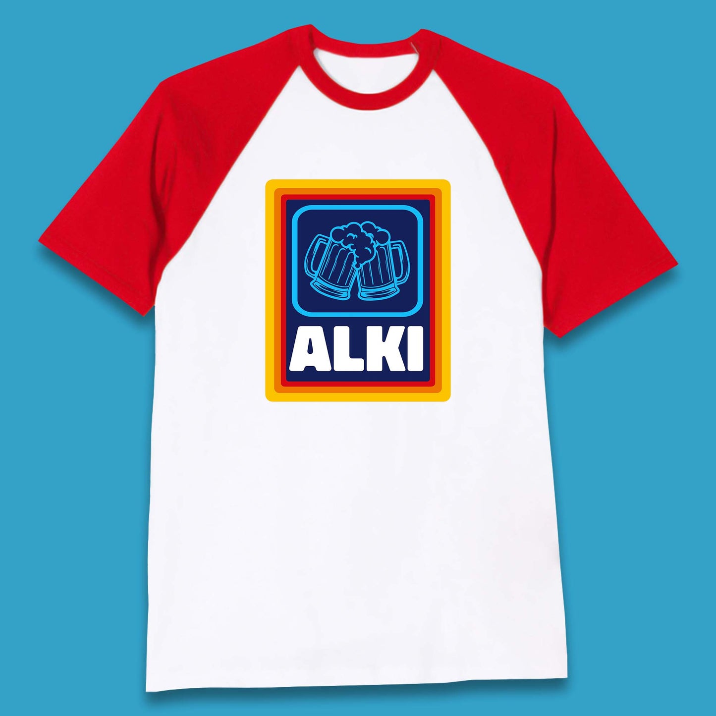 Alki Aldi Drink Pub Beer Joke Funny Parody Novelty Gift Baseball T Shirt