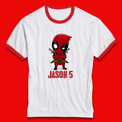 Personalised Chibi Deadpool Fictional Character Your Name & Age Superhero Comic Book Character Deadpool Marvel Comics Ringer T Shirt