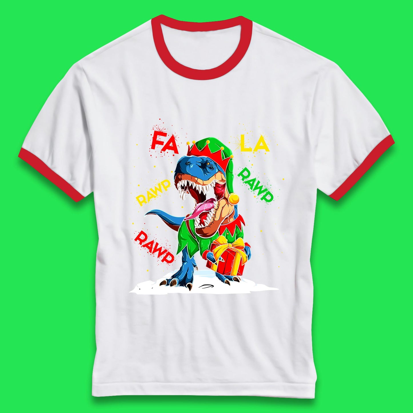 Fa La Rawr Rawr Christmas Dinosaur Wearing Elf Costume & Holding Gifts Xmas T-Rex Ringer T Shirt