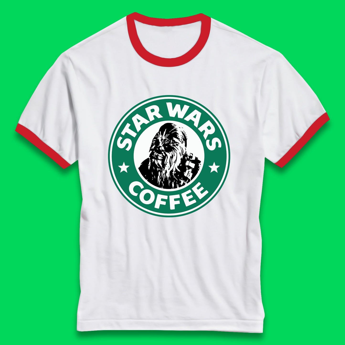 Chewbacca Star Wars Coffee Sci-fi Action Adventure Movie Character Starbucks Coffee Spoof 46th Anniversary Ringer T Shirt