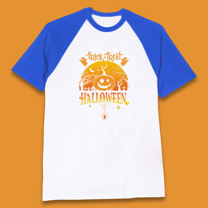 Trick Or Treat Halloween Pumpkin Haunted Trees Scary Spooky Season Baseball T Shirt