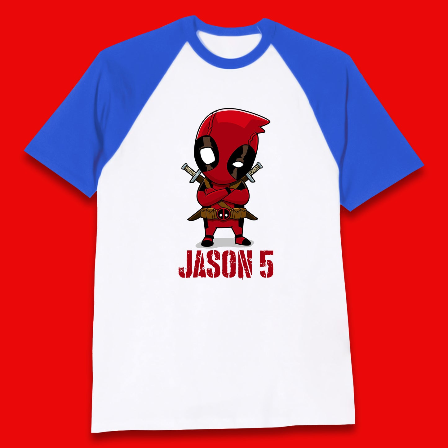 Personalised Chibi Deadpool Fictional Character Your Name & Age Superhero Comic Book Character Deadpool Marvel Comics Baseball T Shirt