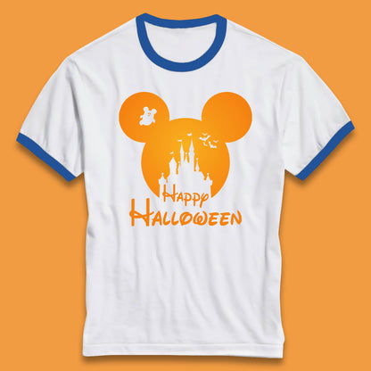 Happy Halloween Mickey Mouse Disney Castle Halloween Scary Boo Flying Bats Ringer T Shirt