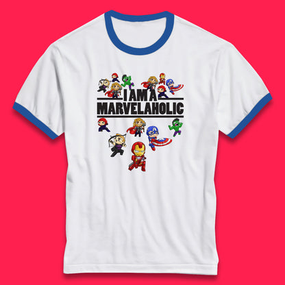 I Am A Marvelaholic Marvel Avengers Super Heroes Movie Characters Black Widow, Hulk, Iron Man, Thor, Captain America Ringer T Shirt