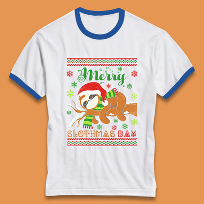 Merry Slothmas Day Christmas Santa Sloth Lovers Xmas Holiday Celebration Ringer T Shirt