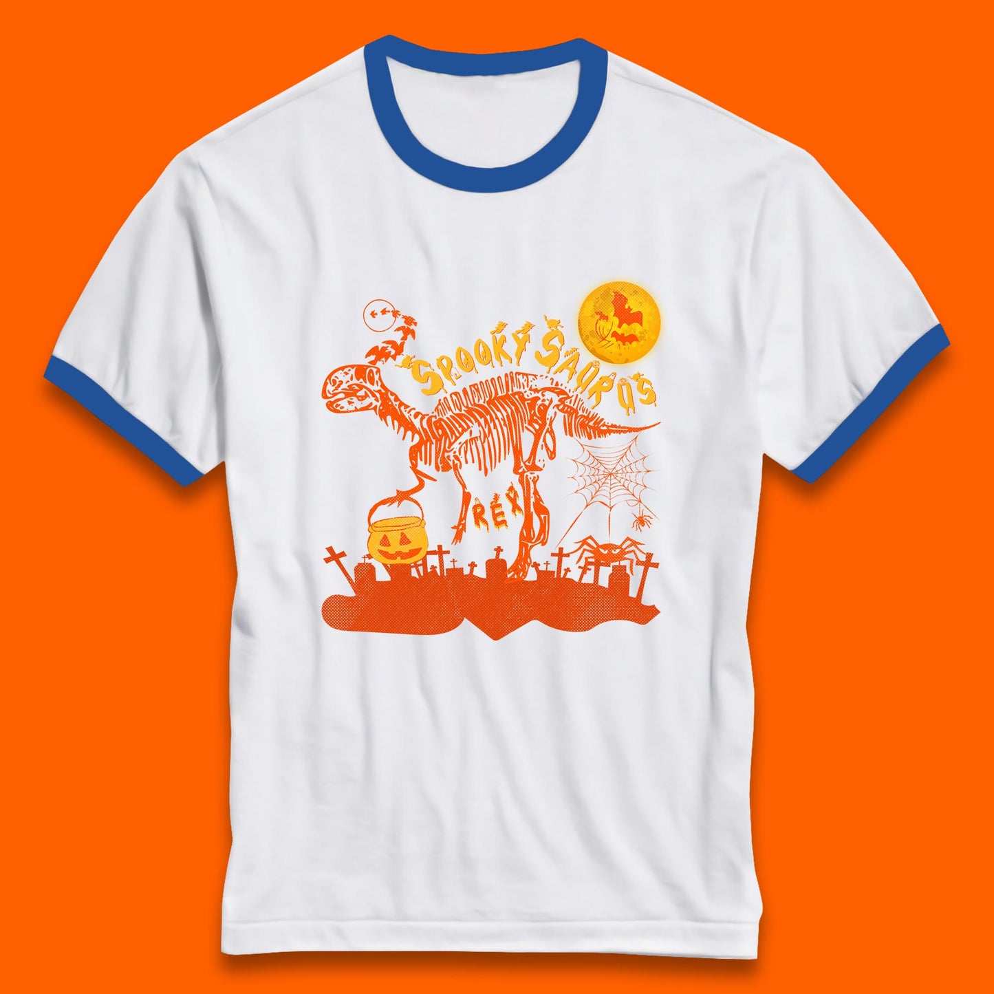 Spooky Saurus Rex Halloween Dinosaur Skeleton T-Rex Scary Pumpkin Ringer T Shirt