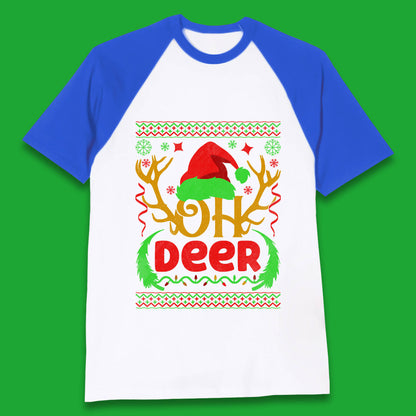 Oh Deer Merry Christmas Santa Hat Deer Antlers Funny Xmas Baseball T Shirt