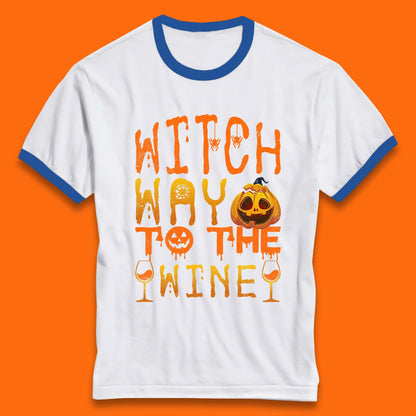 Witch Way To The Wine Funny Halloween Wine Drinking Lover Ringer T Shirt