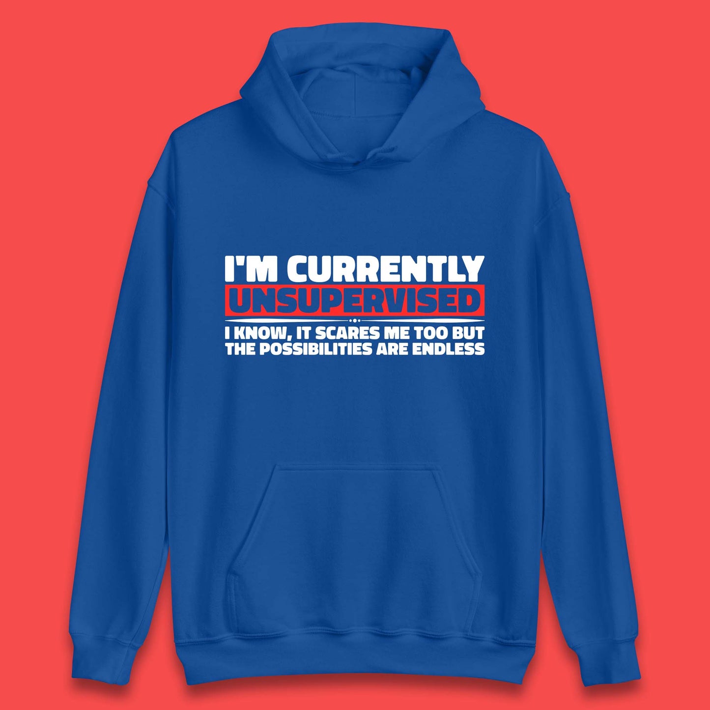 I'm Currently Unsupervised I Know It Scares Me Out Too But The Possibilities Are Endless Hilarious Funny Saying Unisex Hoodie