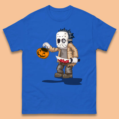 Chibi Jason Voorhees Holding Bloody Knife And Pumpkin Bucket Halloween Friday The 13th Horror Movie Mens Tee Top