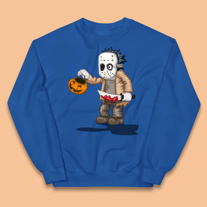 Chibi Jason Voorhees Holding Bloody Knife And Pumpkin Bucket Halloween Friday The 13th Horror Movie Kids Jumper