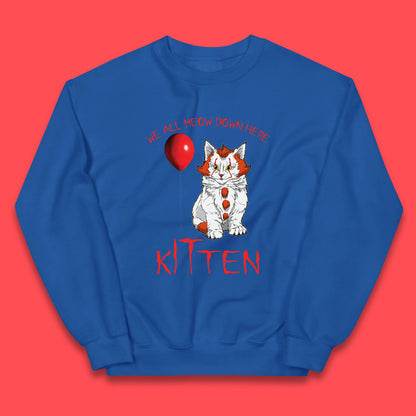 We All Meow Down Here Kitten Clown Cat Halloween IT Pennywise Clown Movie Mashup Parody Kids Jumper