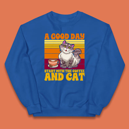 A Good Day Start With The Coffee And Cat Funny Coffee Cats Lovers Kids Jumper